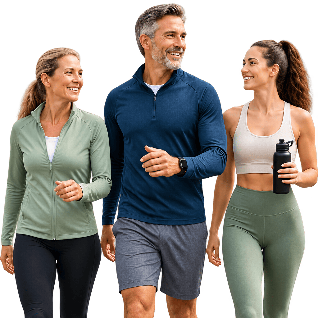Grupo de personas haciendo ejercicio al aire libre con ropa deportiva.